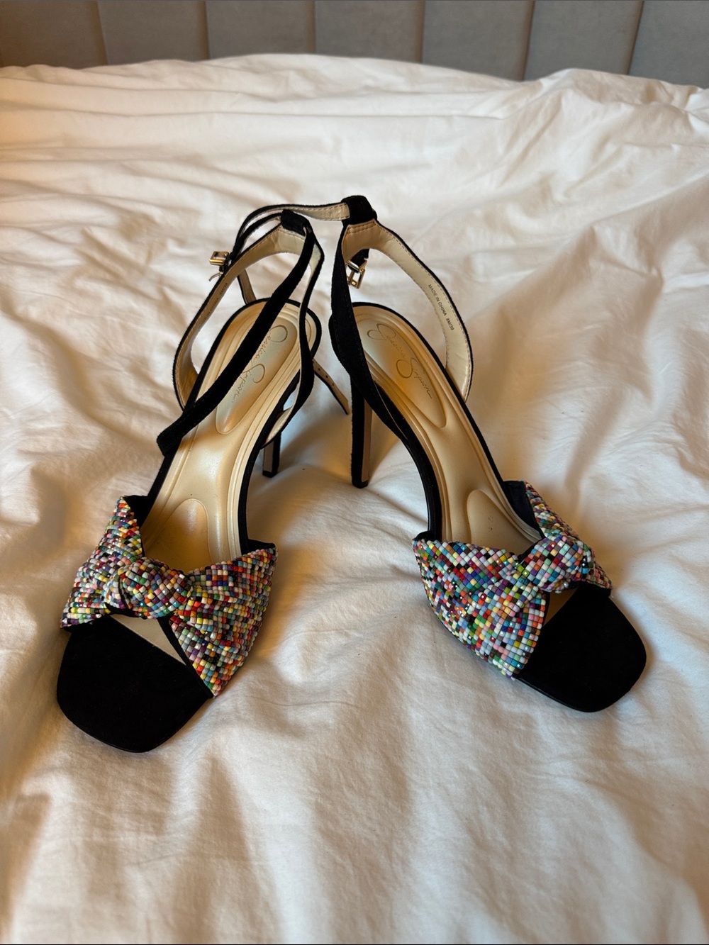 Jessica Simpson Black Beaded Bow High Heel Sandals